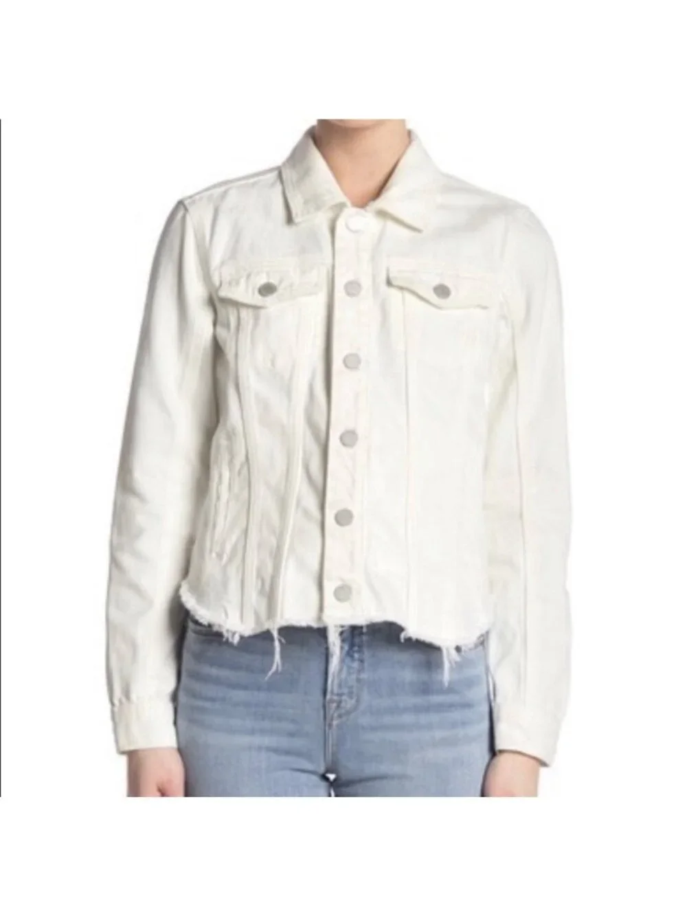 BLANKNYC Women’s Size Small Off-White Cotton Raw Hem Denim Trucker Jean Jacket